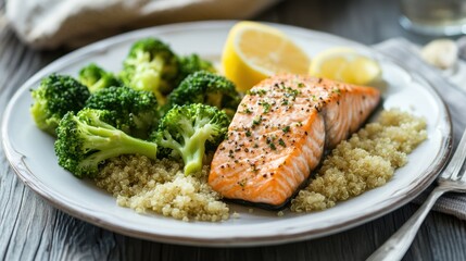 A plate of grilled salmon with steamed broccoli, quinoa, and a lemon wedge, presented on a clean white plate with a fork beside it.