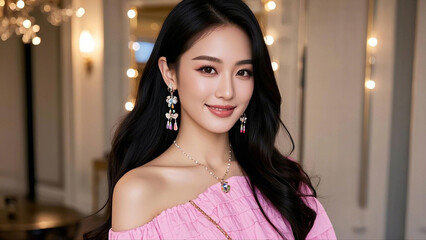 Obraz premium A portrait of a stylish young woman smiling indoors, wearing a pink off-shoulder dress with glamorous accessories