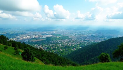 Panoramic view of Kigali city and its outskirts captured from a hilltop viewpoint with lush green landscape and scattered buildings, Kigali,  houses