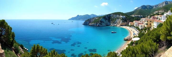 Panoramic view of Mallorca's Cala Fornells coastline overlooking the crystal clear Mediterranean Sea, with lush greenery and colorful buildings,  sunny,  Cala Fornells