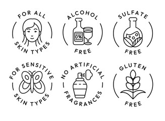 Eco cosmetics icon. Organic natural products alcohol, paraben and gluten free line icons for packaging. Stamps and badges vector set. Non toxic, no animal testing, for all skin types