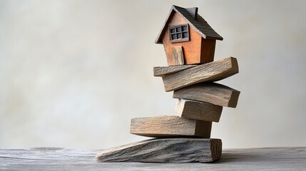 A small house precariously balanced on uneven, wobbly wooden blocks, symbolizing instability or uncertain foundations, set against a neutral background. 