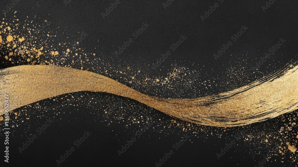 Poster elegant golden wave and swirling fluid form with a dynamic shimmering motion against a dark backgrou