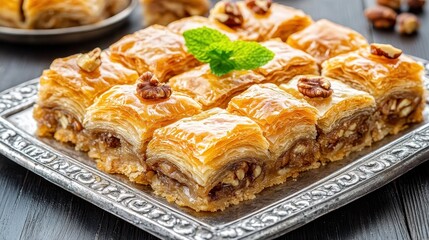 Delicious Baklava Dessert with Nuts and Honey Served on Silver Platter Garnished with Mint Leaf