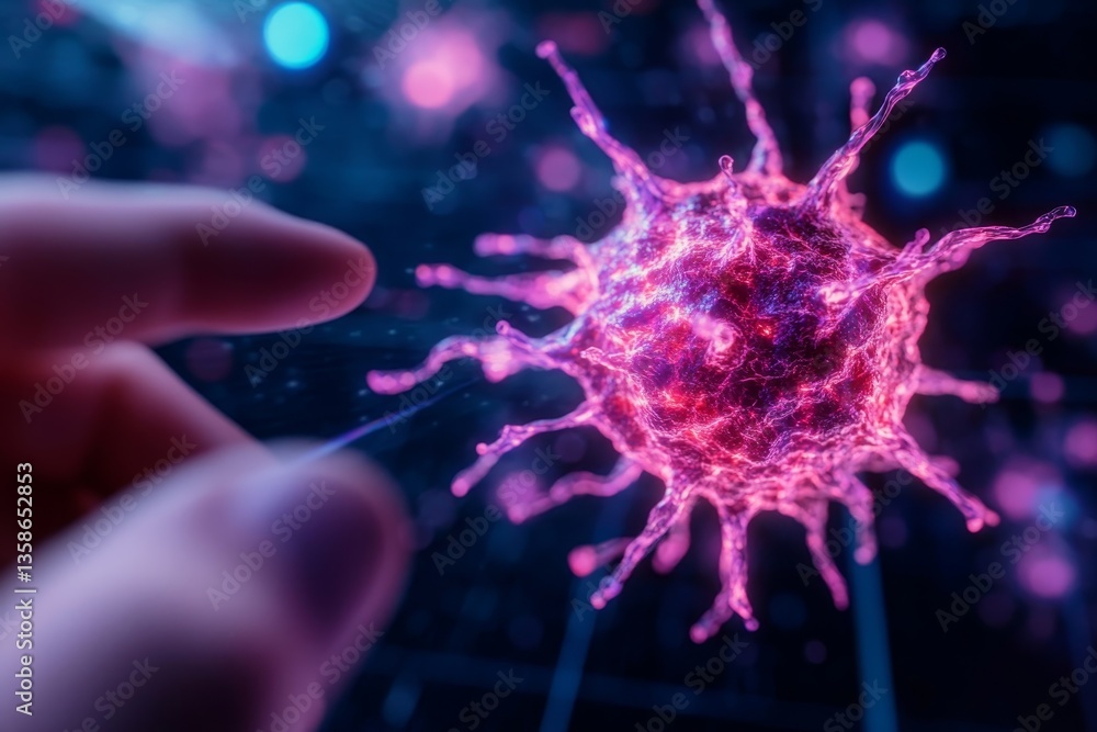 Poster A hand points at a glowing holographic neuron network suspended in the air, featuring soft futuristic lighting and ample copy space on the left