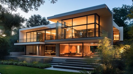 Fototapeta premium A sophisticated two-story contemporary house with a minimalist design, featuring a glass-walled balcony and subtle sunlight highlighting its elegance. 
