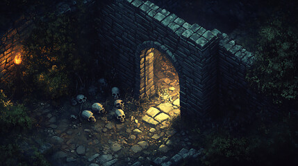 Fototapeta premium Dark Stone Entrance Gate Illuminated By Light Showing Path Of Mystery And Adventure