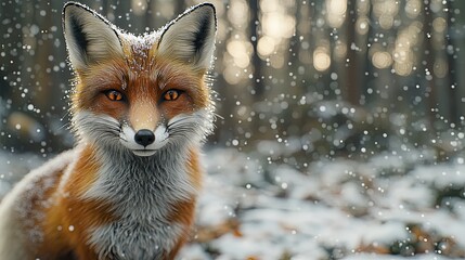 Obraz premium A beautiful red fox observing in a snowy winter forest