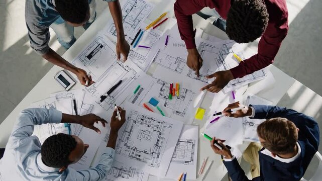 Collaborative Architectural Design Session: A Diverse Group of Young Professionals Engaged in Creative Planning with Blueprints and Drawing Tools in a Modern Studio