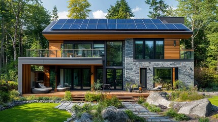 Fototapeta premium A striking modern house with solar panels, wood and stone accents, and abundant greenery, emphasizing energy efficiency and environmental harmony. 