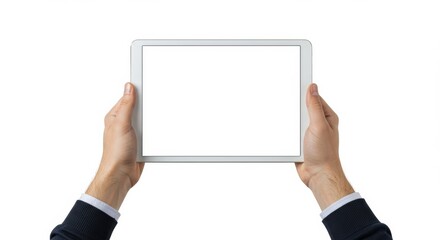Hands holding a blank tablet.