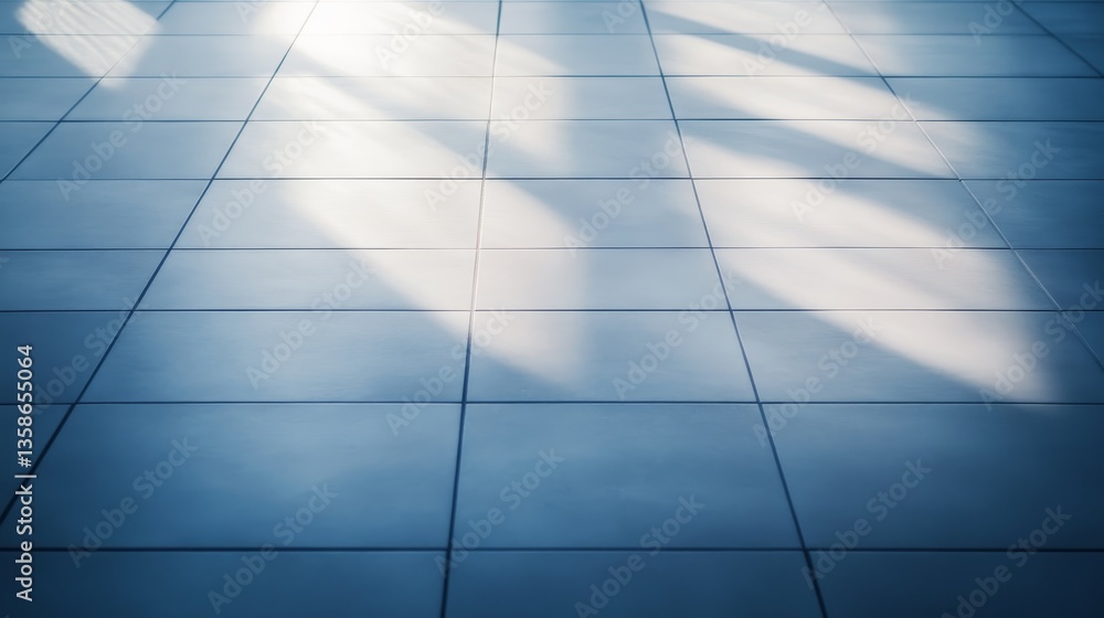Poster overhead close-up captures a white tiled floor with subtle shadows, emphasizing a clean and minimali