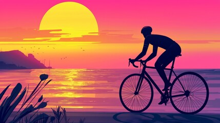 Fototapeta premium Silhouette of a Cyclist Against a Vibrant Sunset Over a Calm Ocean with Gentle Waves and Lush Coastal Vegetation
