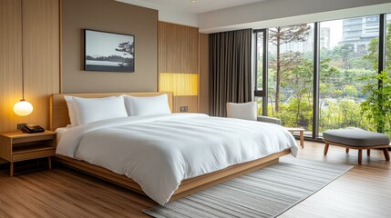 Modern hotel bedroom with a serene, minimalist aesthetic.  The room features a large bed with white