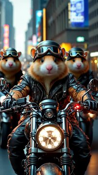 Three hamsters in matching leather jackets and helmets riding motorcycles through colorful night city. Concept of unity and fun in anthropomorphic animal gang