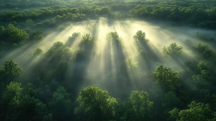 Obraz premium Sunlight breaking through fog over a vibrant green forest canopy