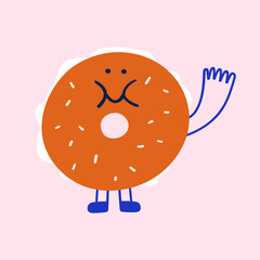 Cute bagel waving hand. Flat vector hand drawn illustration on pink background.