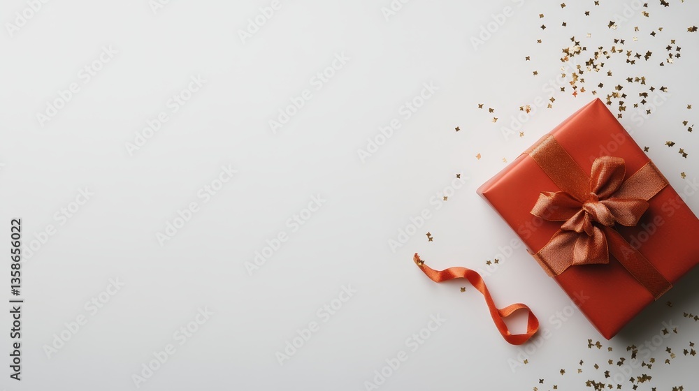 Poster an open red gift box with a ribbon rests on a white surface, surrounded by scattered golden confetti