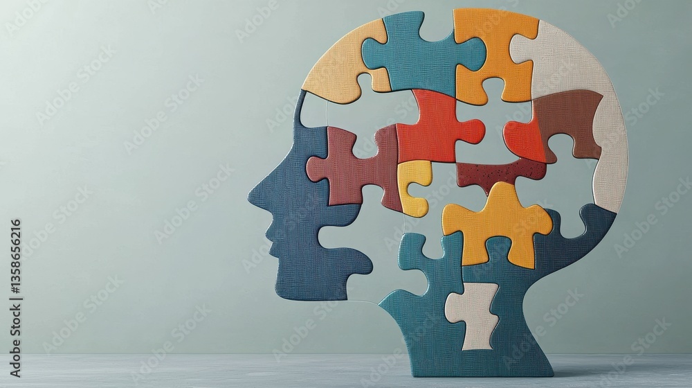 Poster colorful puzzle pieces arranged in the shape of a human head symbolizing the complex cognitive proce