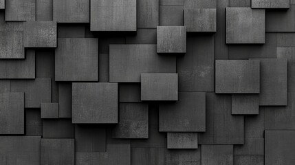 Abstract geometric dark black anthracite gray grey 3d texture concrete cement wall with squares and square cubes background banner, textured wallpaper.