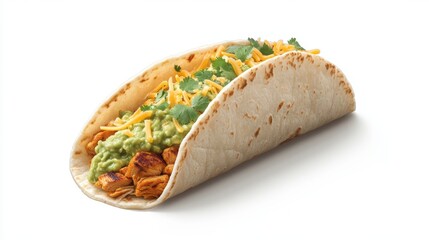 A soft-shell taco filled with grilled chicken, guacamole, shredded cheese, and fresh cilantro.