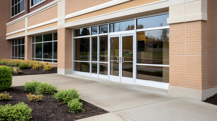 Insurance office exterior with glass windows showcasing modern architecture, reflecting professionalism and transparency in financial services and client trust