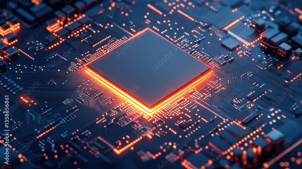 Poster close-up shot of a computer circuit board with glowing orange lights. this represents technology, da