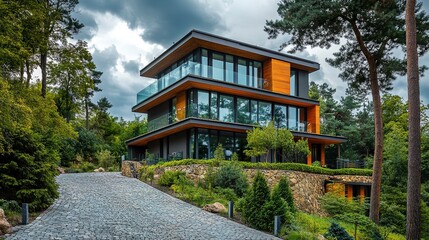Fototapeta premium A stylish multistory house with minimalist architecture and panoramic windows, nestled among trees, with a cobblestone walkway in the foreground under a cloudy sky. 