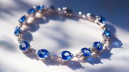 A sparkling sapphire bracelet in a white gold setting, displayed on a smooth white surface.