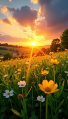 Obraz premium Majestic sunrise over lush meadow with sunrays and golden bokeh, golden, morning