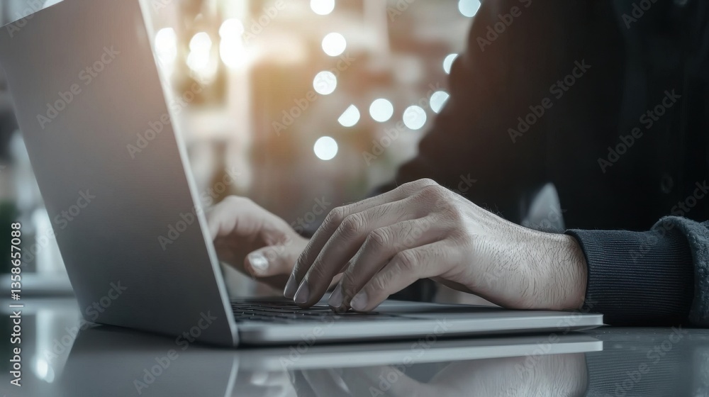 Aufkleber close up of hands of a professional businessman or corporate worker typing on a laptop computer in a
