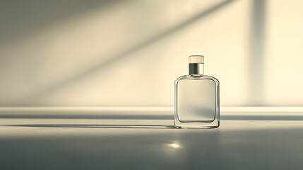 3d render of a glass perfume bottle on a white background, with a soft shadow and light coming from the right side. the design is minimalistic, simple,