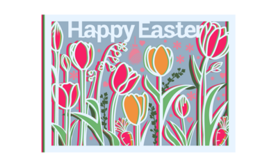 Happy Easter 7-layer tulip decoration gift card illustration with Easter text.