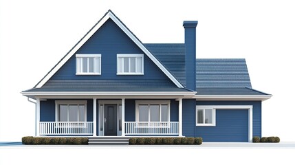 A stylish suburban house with blue siding and a covered front porch, its classic gabled roof and white details highlighted against a white backdrop. 