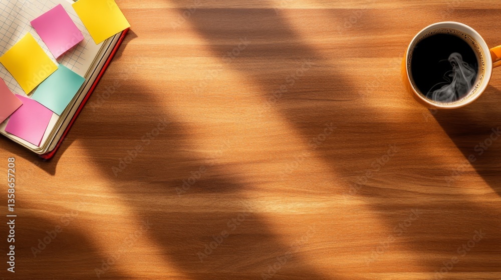 Aufkleber Overhead view of a warm desk space featuring bright sticky notes by an open notebook, a mug of coffee, and sunlight casting playful shadows