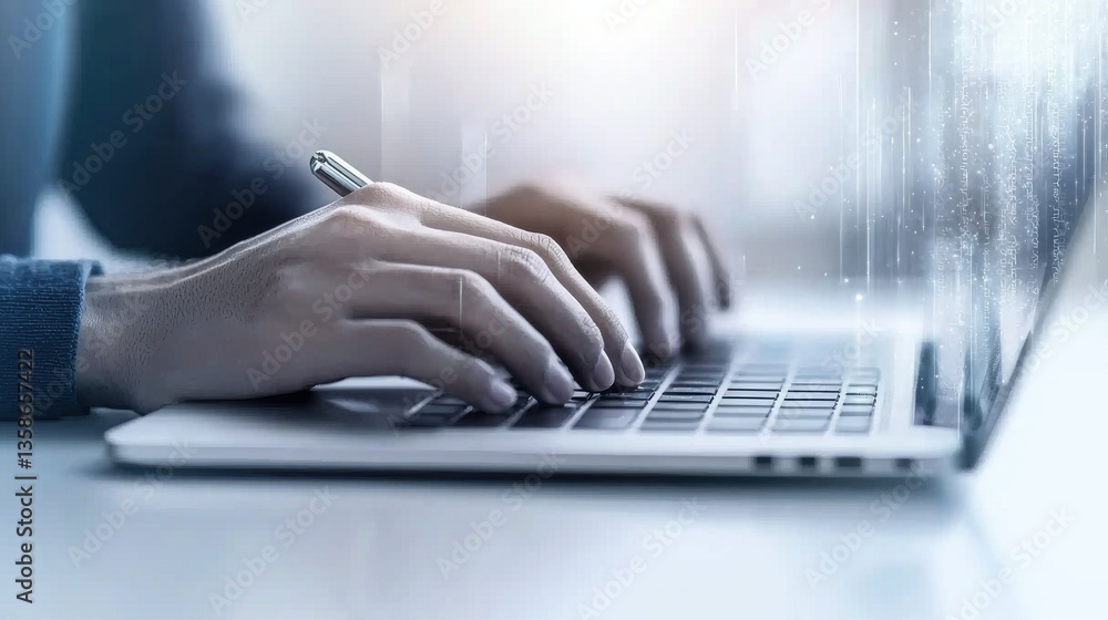 Poster closeup of human hands typing on laptop computer keyboard while working at office desk concept of te
