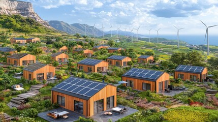 Fototapeta premium Panoramic view of an eco friendly mountain village featuring solar panels wind turbines and surrounded by lush verdant countryside and towering peaks