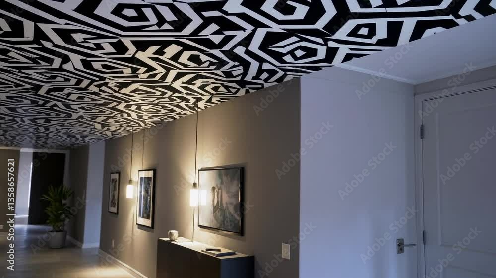 Aufkleber modern hallway with geometric patterns on ceiling and walls in an urban building - featuring monochr