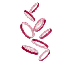 Floating Red Onion Slices Isolated on White Background

