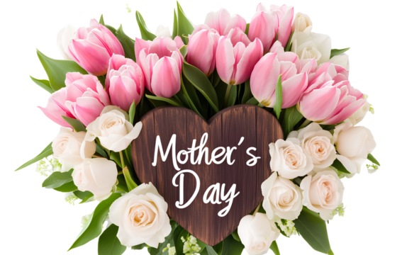 Mother's Day design with pink tulips and white roses in a heart shape, wooden sign Mother's Day,