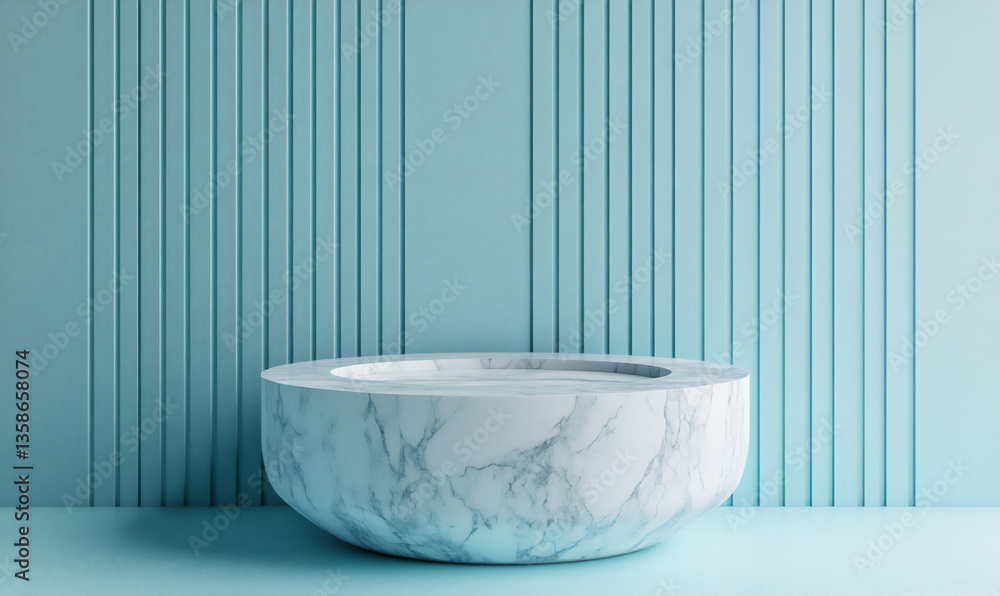 Poster 3d render of a simple, minimalistic blue background with an empty, round podium platform for product