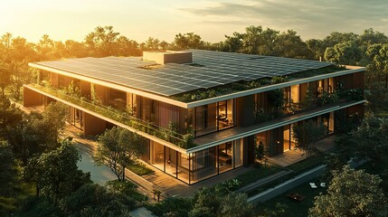 Fototapeta premium A sustainable residential building with solar panels covering the south-facing roof, showcasing innovative energy-saving architectural solutions. 