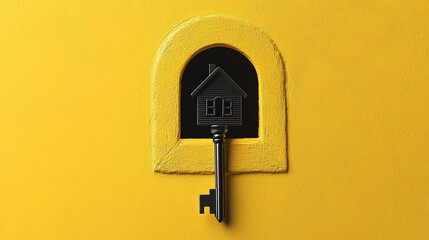 A symbolic image of a key in the form of a house in a door keyhole, against a subtle yellow background, highlighting real estate and new homeownership.  