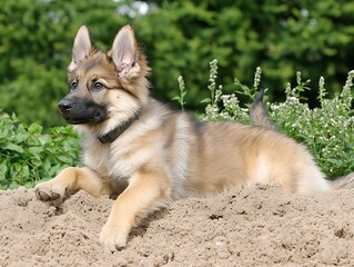 German Shepherd puppy playing sand.