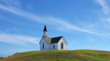 A white chapel on a hill with a clear blue sky