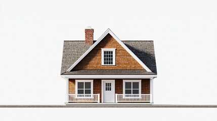 A traditional Cape Cod-style home featuring cedar shingles, white trim, and a centered front door, sharply rendered against a white backdrop.  