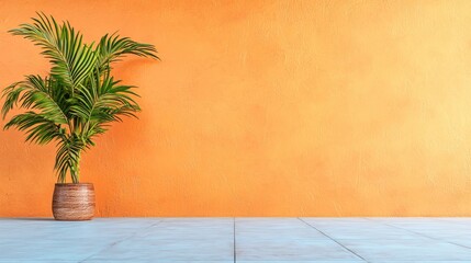 Green Plant In Woven Pot Against Textured Orange Wall And Blue Floor