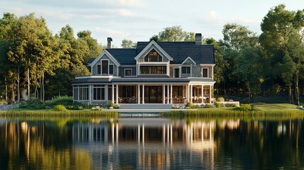 Obraz premium A traditional lakeside home with a wraparound porch, reflecting perfectly in the calm waters of the lake, surrounded by trees and open sky. 