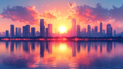 A vibrant, futuristic city skyline showcasing towering skyscrapers in a colorful and dynamic setting, symbolizing innovation, progress, and a vision of a bright, sci-fi world