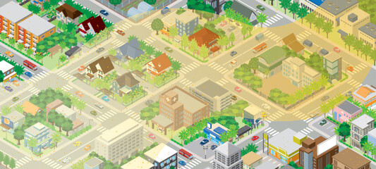 黄砂が舞う街並みのイラスト. 大気汚染.